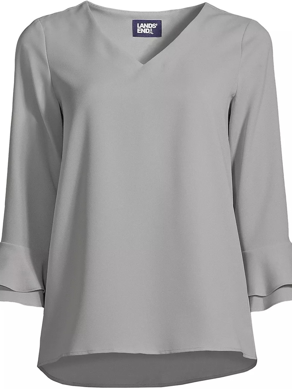 Lands' End Light Gray V-Neck Blouse with Layered Ruffle Sleeves